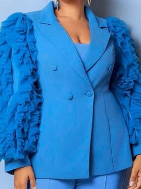 Blue Double-Breasted Blazer with Ruffle Sleeve Detail